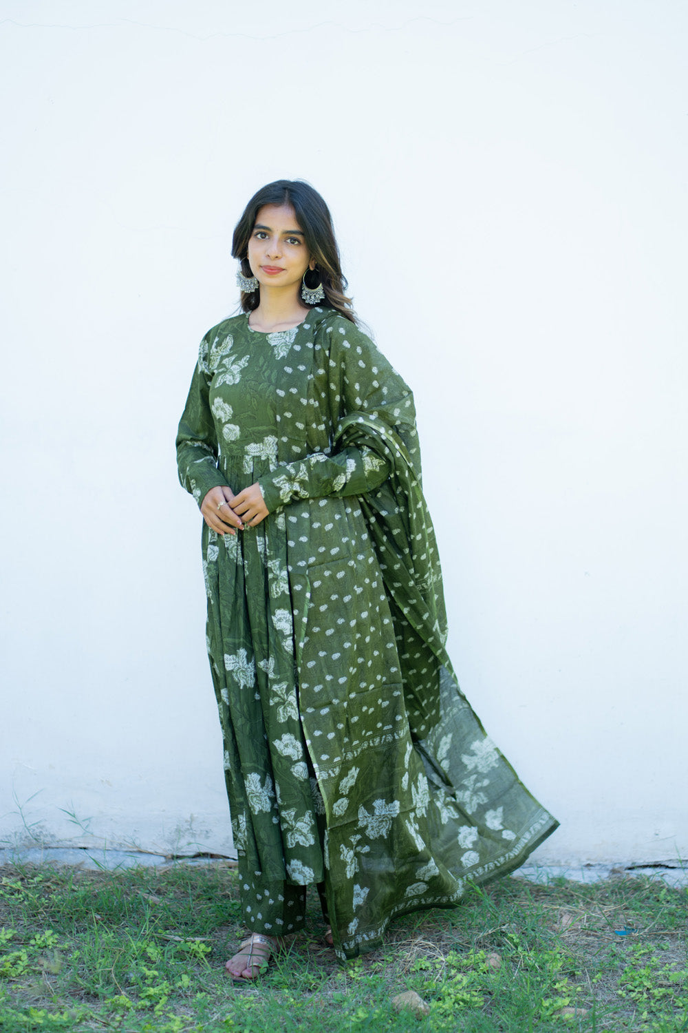 Sanjana olive green anarkali kurti with printed dupatta on one shoulder