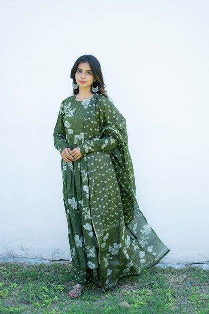 Sanjana olive green anarkali kurti with printed dupatta on one shoulder
