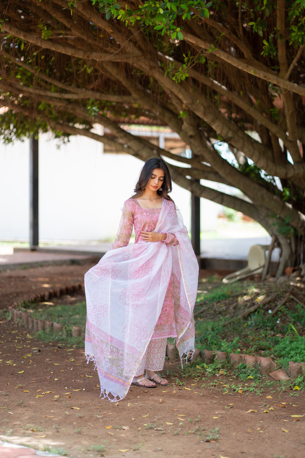 Rukmini suit set - printed kota doria dupatta with floral border and tassels