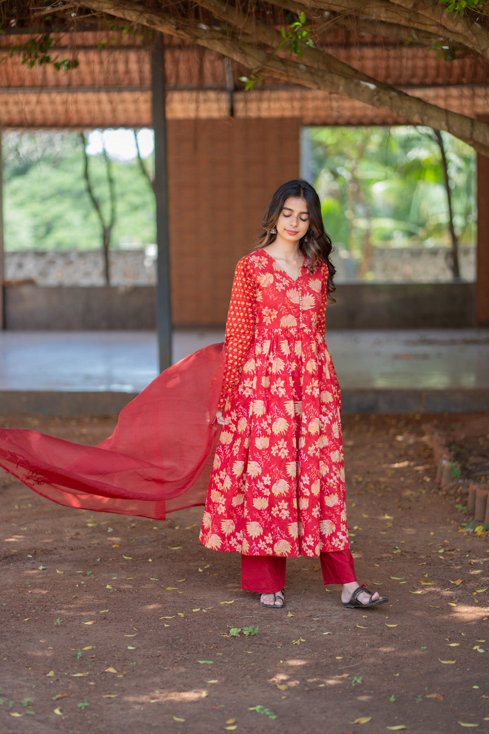 Ishaani red floral anarkali suit set with flowing red dupatta