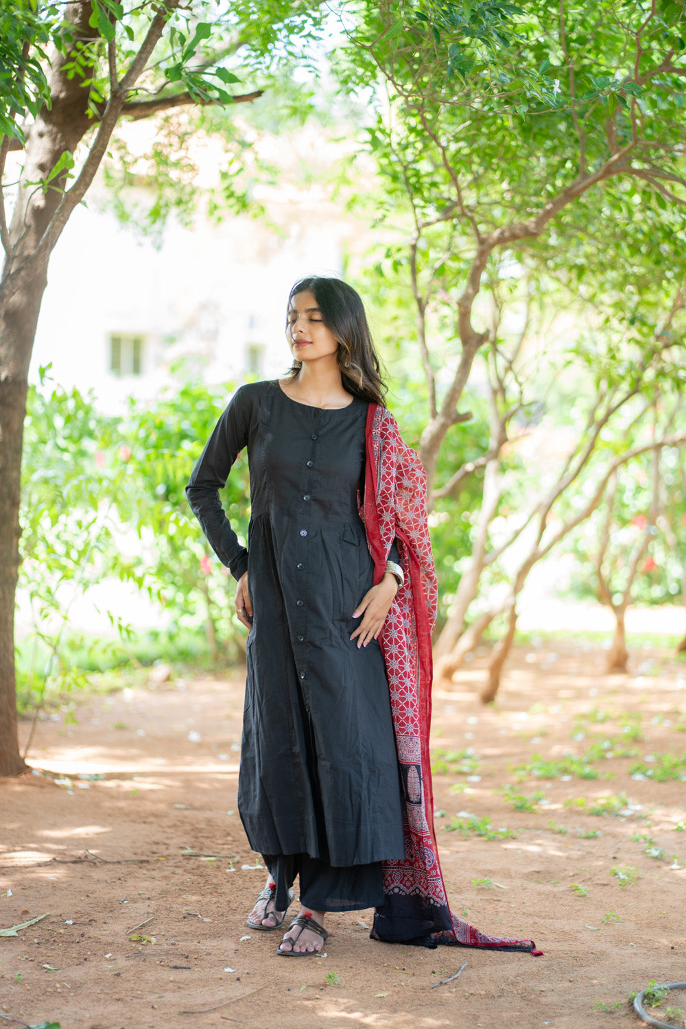 Shruti black cotton suit set with red printed dupatta - front view