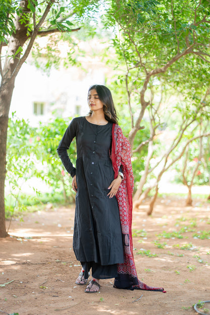Shruti black cotton suit set with red printed dupatta - front view