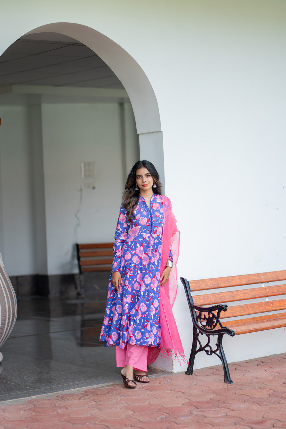 Oviya blue floral suit set with pink pant and dupatta - full length view