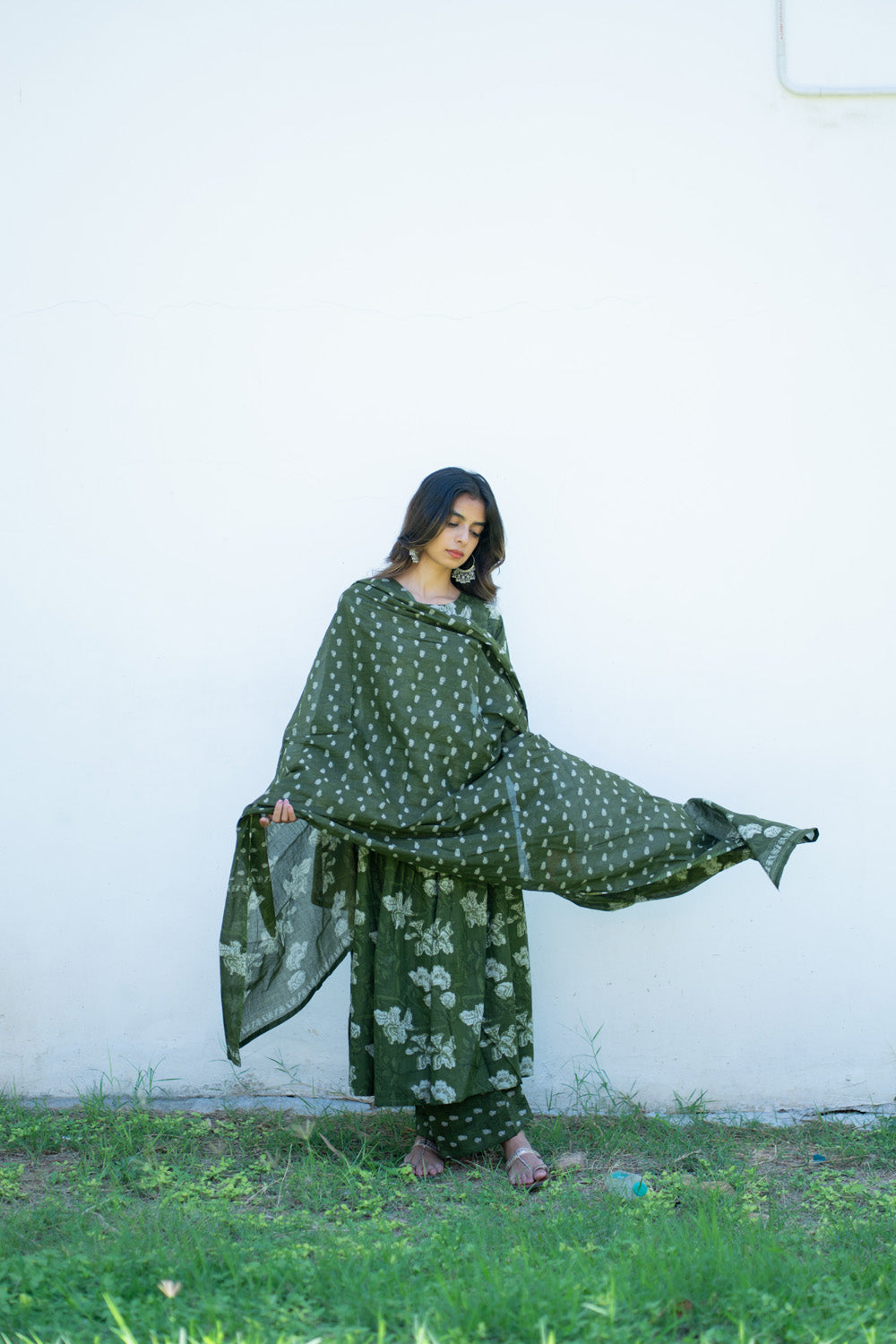 Sanjana suit set - olive green printed dupatta with buti print