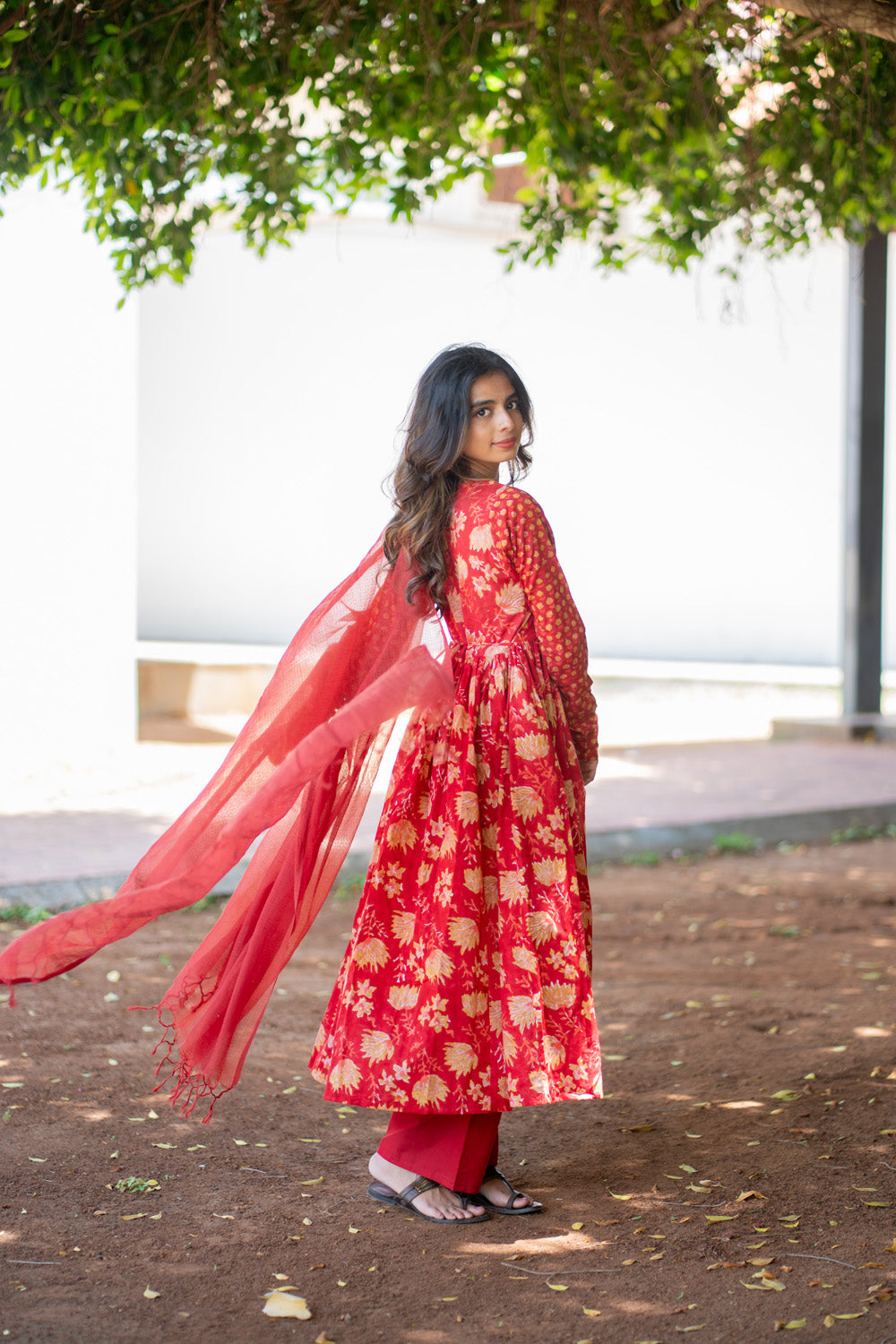 Ishaani red anarkali suit set - side and back view