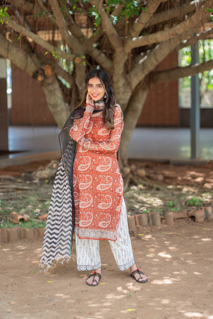 Vidya rust straight-cut kurti with white printed pant and chevron dupatta