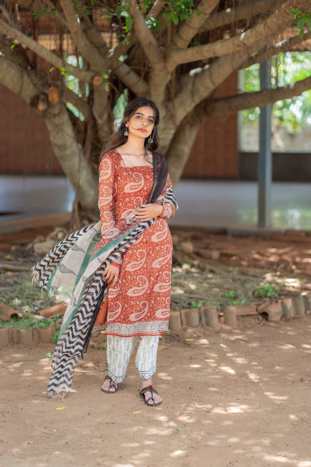 Vidya rust handblock printed kota doria suit set with chevron dupatta - front view
