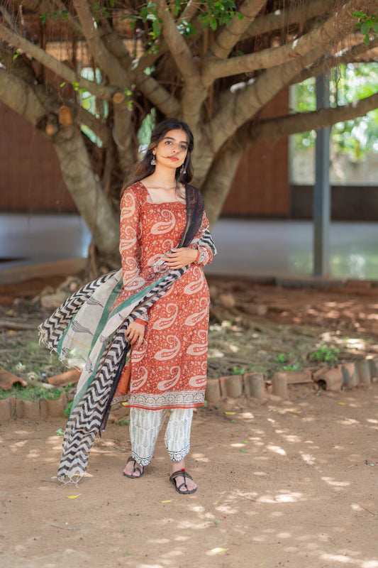 Vidya rust handblock printed kota doria suit set with chevron dupatta - front view