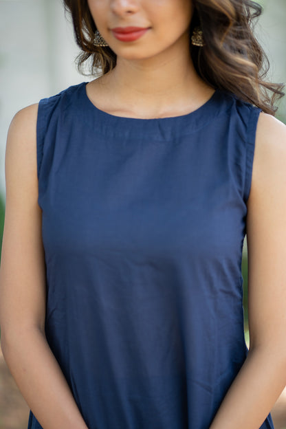 Tiksha navy blue kurti - round neckline and sleeveless detail