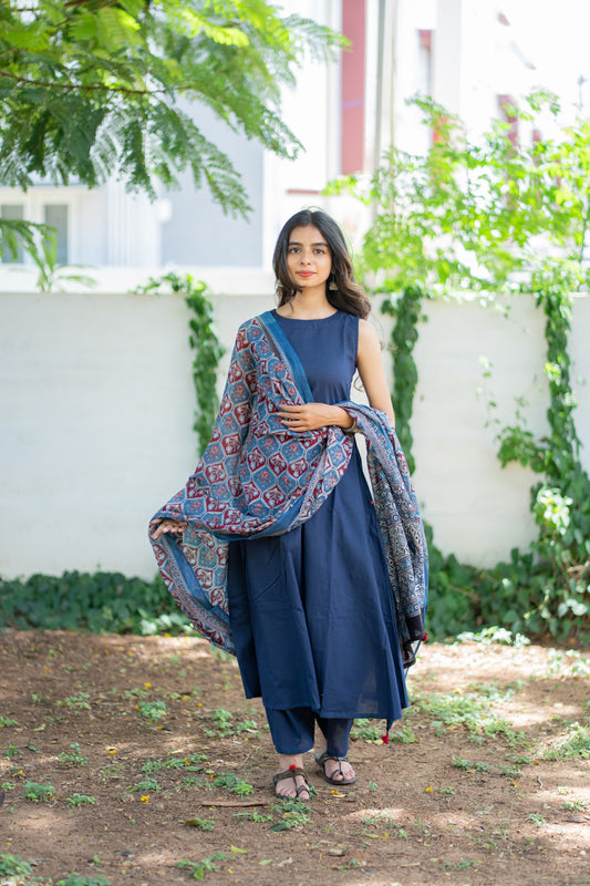 Tiksha navy blue cotton suit set with ajrakh dupatta - front view
