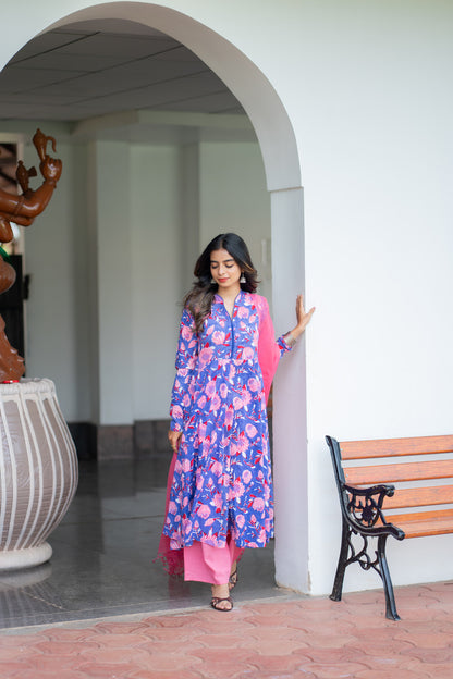 Oviya blue handblock printed suit set - relaxed full length view