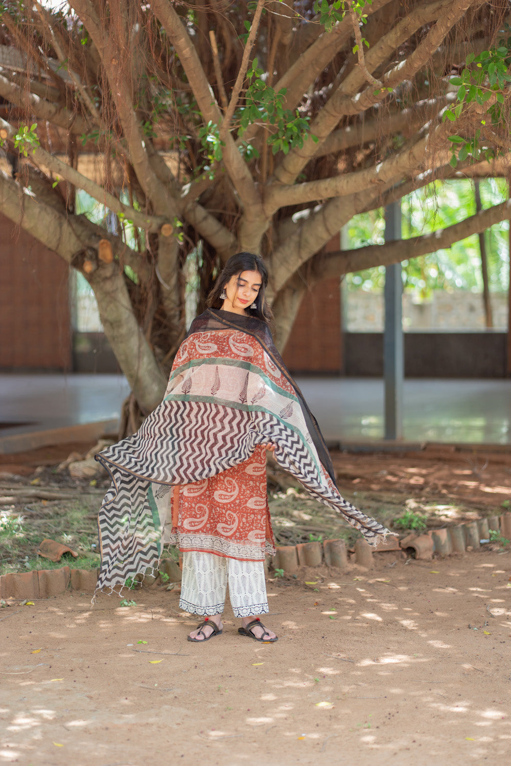 Vidya suit set - chevron printed dupatta in black, ivory and green