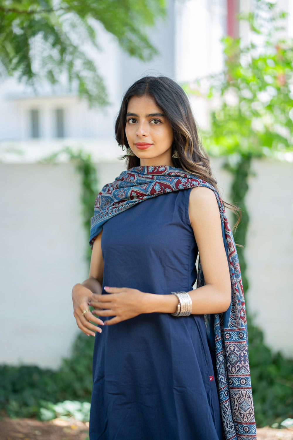 Tiksha navy blue kurti - close view with ajrakh dupatta