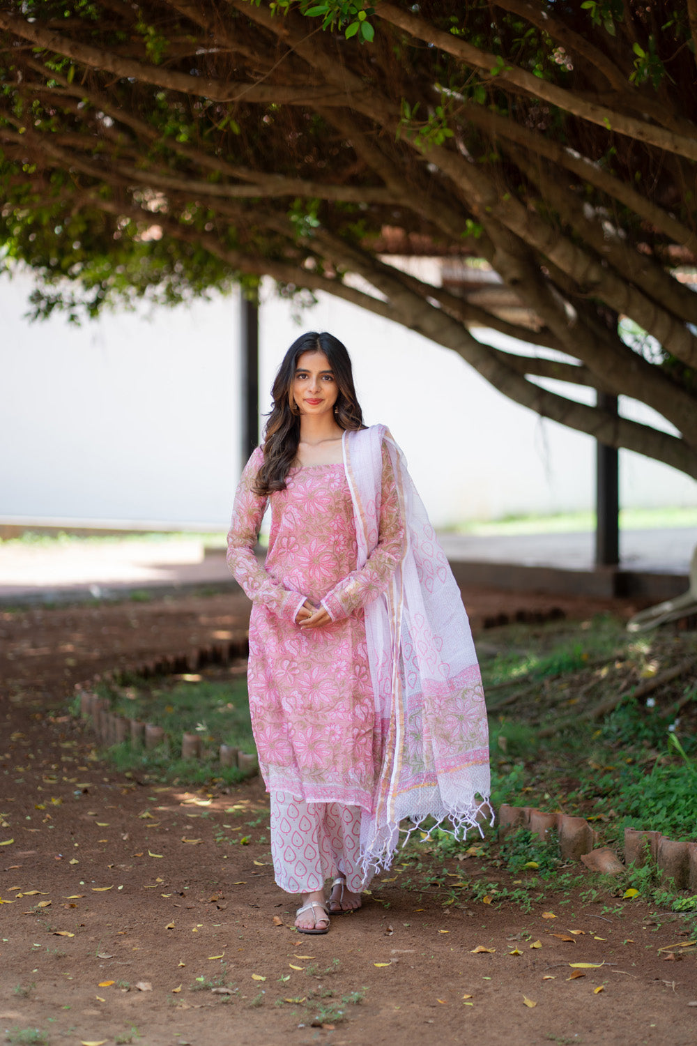 Rukmini pink handblock printed kota doria suit set with dupatta - front view