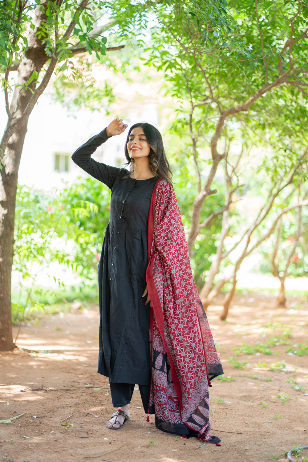 Shruti black cotton suit set - full length view with dupatta