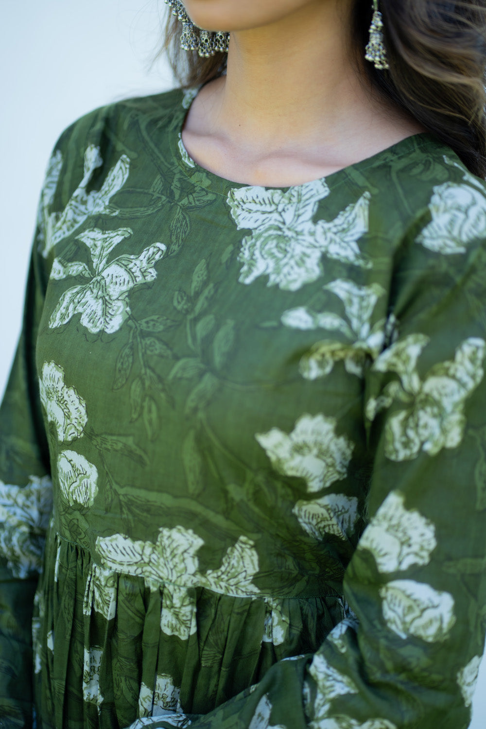 Sanjana olive green kurti - round neckline and floral print detail