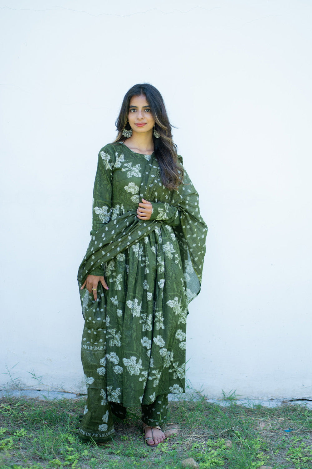Sanjana olive green anarkali suit set - full length view