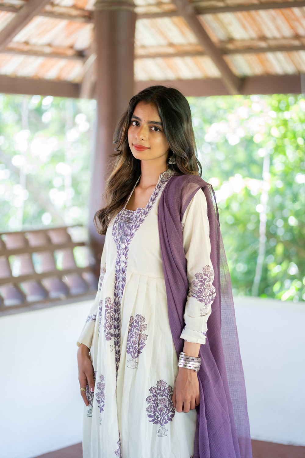 Suganya anarkali kurti - close view of purple floral buta print