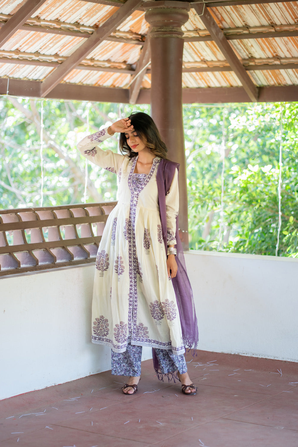 Suganya anarkali suit set - full length view with printed pant