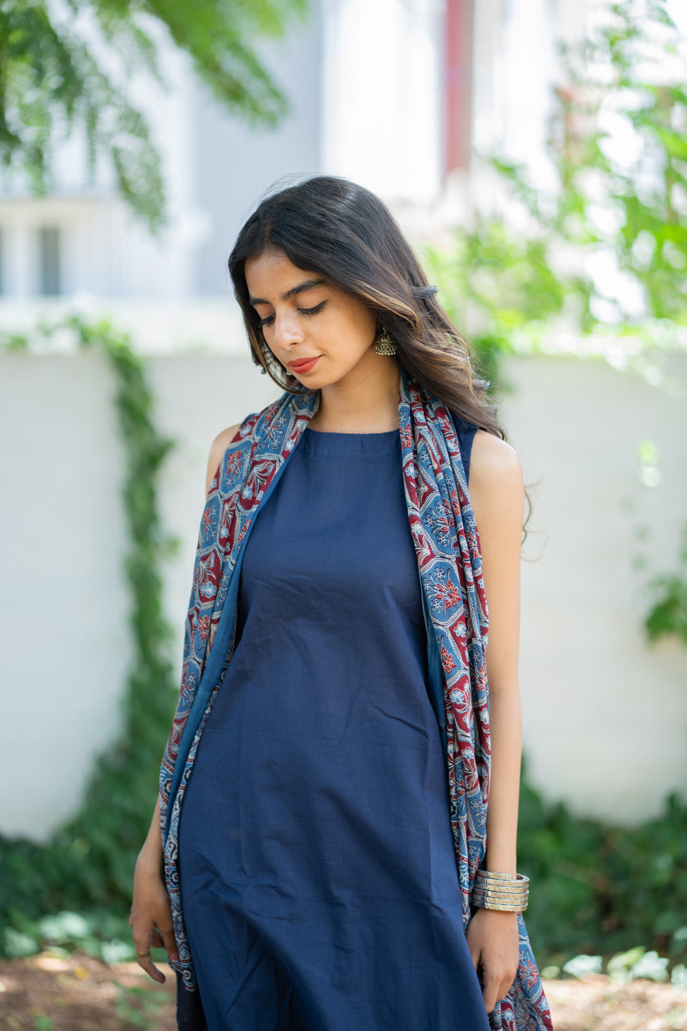 Tiksha navy blue sleeveless kurti with ajrakh dupatta - mid view