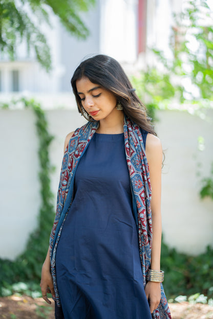 Tiksha navy blue sleeveless kurti with ajrakh dupatta - mid view