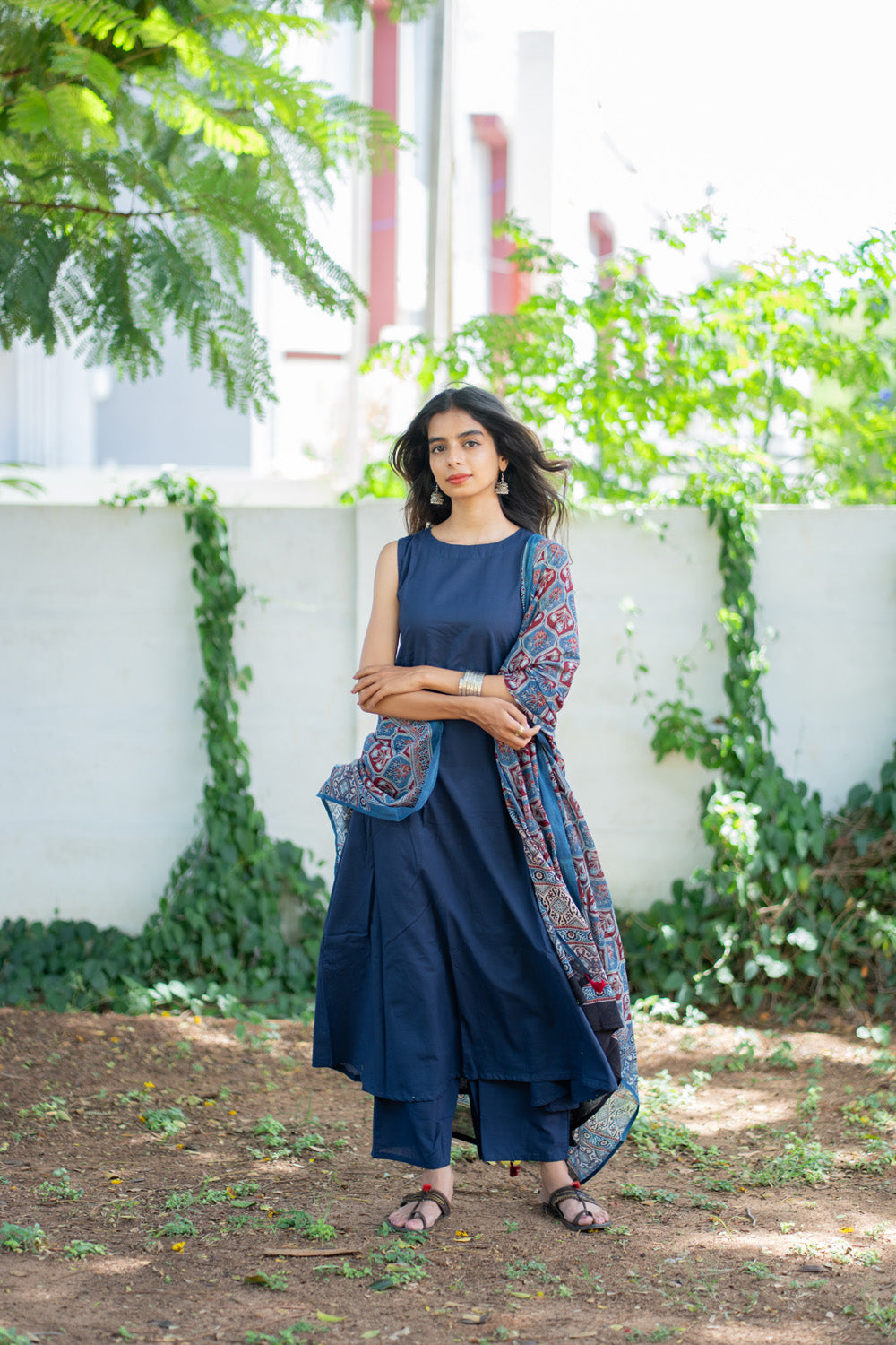 Tiksha navy blue sleeveless flared kurti with matching pant