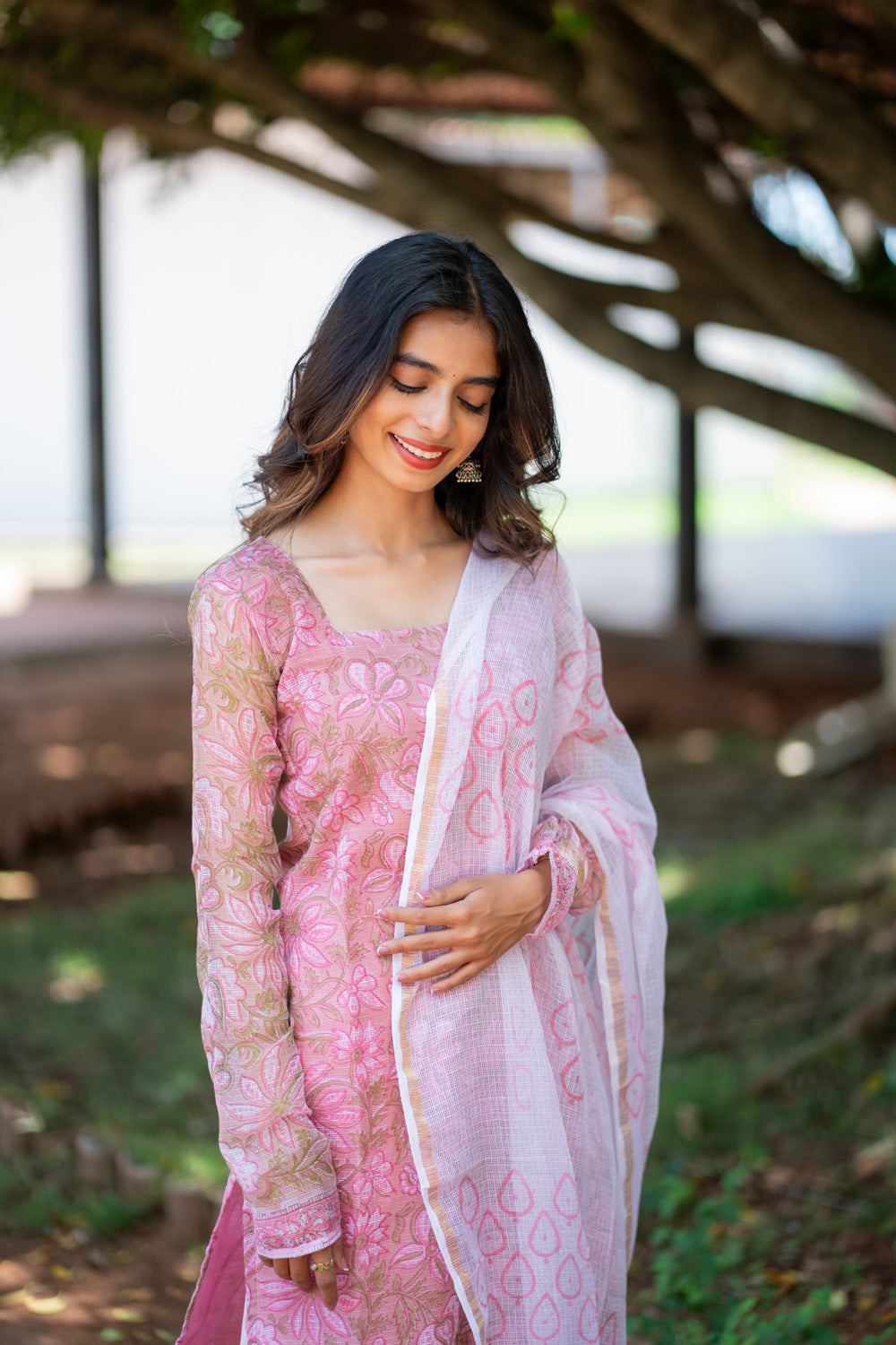 Rukmini pink kota doria kurti - close view of floral handblock print
