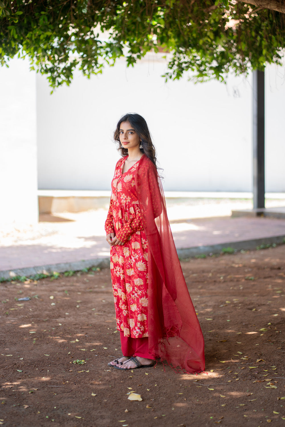 Ishaani red anarkali suit set - side view with dupatta