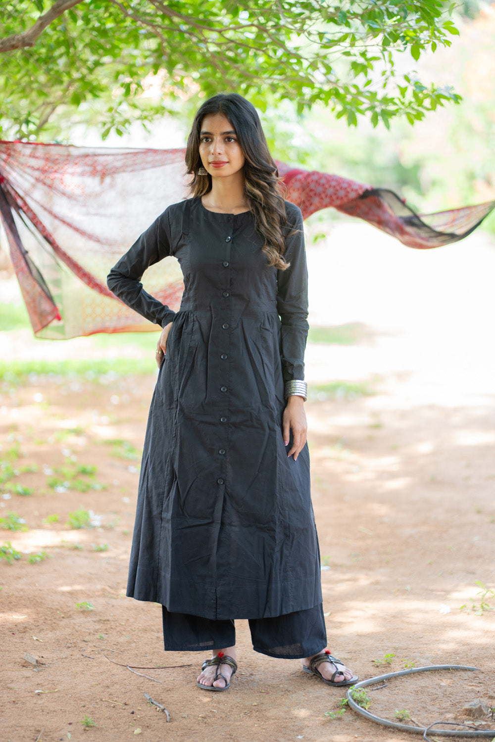 Shruti black flared kurti with front button placket and wide-leg pant