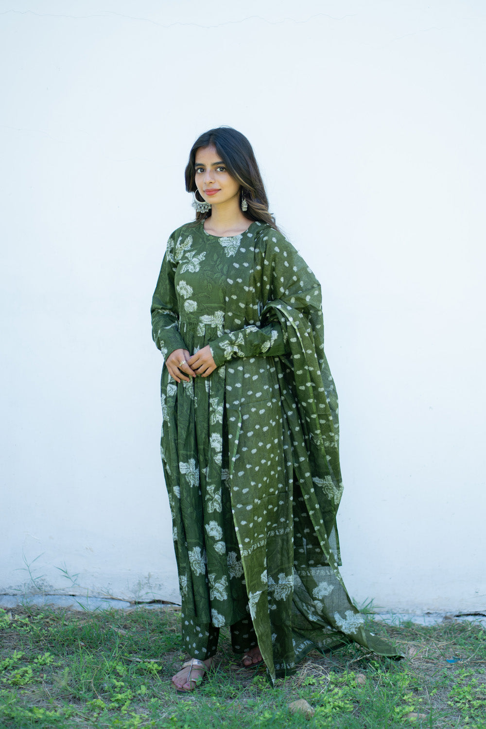 Sanjana olive green floral anarkali suit set with matching pant