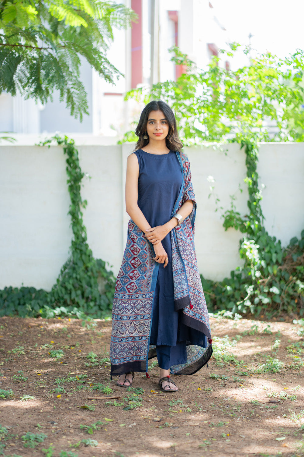 Tiksha navy blue suit set - full length view with ajrakh dupatta